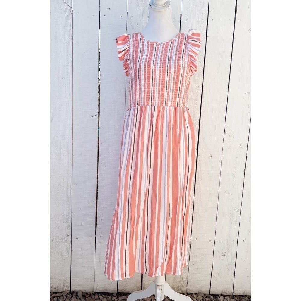 A New Day Midi Dress Size M Orange Striped Smocked Flutter Sleeve Tie Back